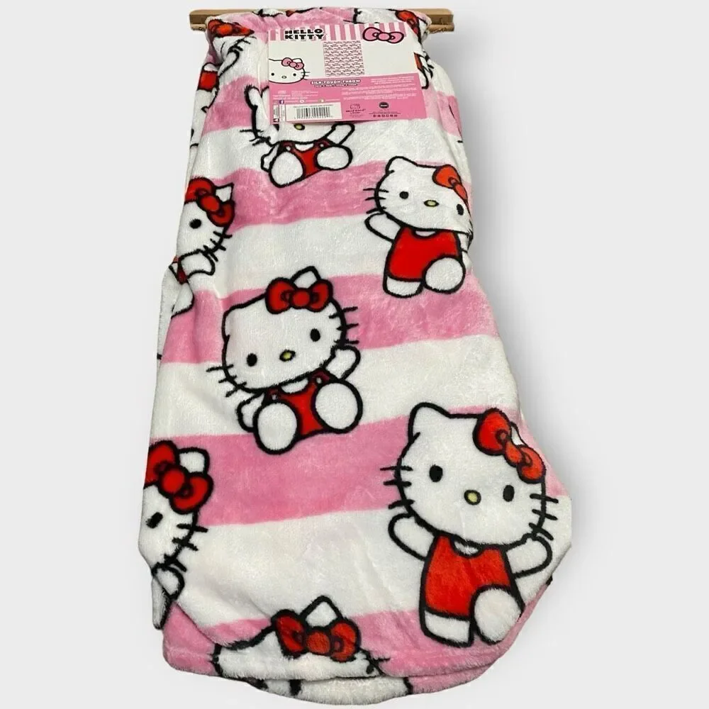 Hello Kitty Striped Pink White Silk Touch Throw Blanket Brand New with Tags
